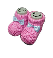 Pazariz Bebek Patik, Fiyonklu Örme Dikişsiz Bebek Patiği, Triko Örgü 0-12 Ay (Pembe-Mavi)