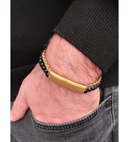 Çelik ve Boncuk Detaylı 2Li Kordon Erkek Bileklik 23 cm (Altın)