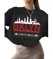 Sweatshirt kalın bisiklet yaka Bej kadın 3 iplik şardonlu unisex Brooklyn-new york Baskılı erkek (Siyah)