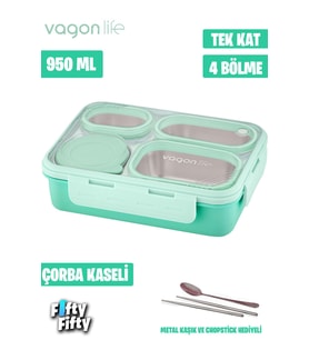 Vagonlife Lunch Box 950 ML Paslanmaz Çelik Tek Kat Dört Bölmeli Çorba Kaseli Metal Kaşıklı-FFLBOX7099 (Yeşil)