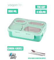 Vagonlife Lunch Box 950 ML Paslanmaz Çelik Tek Kat Dört Bölmeli Çorba Kaseli Metal Kaşıklı-FFLBOX7099 (Yeşil)