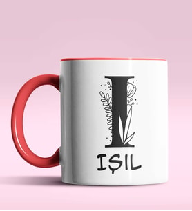 Kişiye Özel I Harfi Romantik Tasarım Siyah Renk Kupa (Kırmızı)