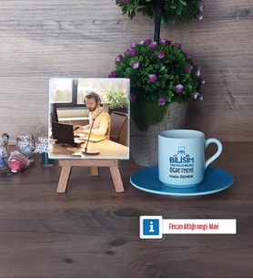 Bilişim Teknolojileri Öğretmeni Fotoğraflı Dekoratif Taş, Ahşap Altlıklı Türk Kahvesi Fincanı Hediye Öğretmenler Günü Hediyesi (Model 5)
