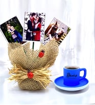 Kişiye Özel 3 Fotoğraflı Saksı & Kişiye Özel Renkli Kahve Fincanı HA3 (Mavi)