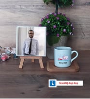 Fen ve Teknoloji Öğretmeni Fotoğraflı Dekoratif Taş, Ahşap Altlıklı Türk Kahvesi Fincanı Hediye (Model 1)