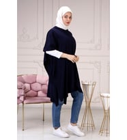 Kadın Yandan Bağcıklı Kapüşonlu Panço 4304 (Lacivert)