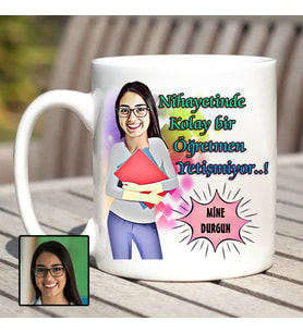Bayan Öğretmene Karikatürlü Kupa Bardak (Beyaz)