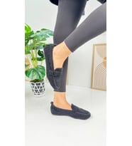 Günlük Kadın Loafer Peluş Astarlı Oval Alçak Desenli Tabanlı Ayakkabı 375 (Siyah)