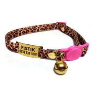 Güvenlik kilitli ( safety click ) Kedi tasması, kedi künyesi, kedi isimlik, sallanmayan kedi künyesi, isimli kedi tasması (Leopar)