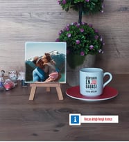 Babalar Günü Hediyesi Fotoğraflı Dekoratif Taş, Ahşap Altlıklı Türk Kahvesi Fincanı Hediye (Model 3)