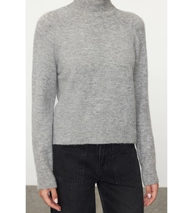 Stil Modern Kadın Regular Reglan Kol Dik Yaka Yünlü Triko Kazak (Gri)