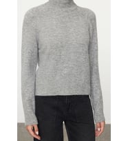 Stil Modern Kadın Regular Reglan Kol Dik Yaka Yünlü Triko Kazak (Gri)