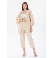 Kadın Gofre Kimono Alt-Üst Takım (Bej)