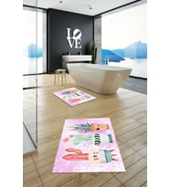 EVDEYA Baskılı Yıkanabilir Renkli Kaktüs Desenli İkili Banyo Halısı Klozet Takımı, KLOZET-24-GRİ, (Pembe)