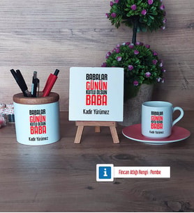 Babalar Günü Hediyesi Hediye Seti Dekoratif Taş, Kalemlik, Ahşap Altlıklı Türk Kahvesi Fincanı Hediye Babaya Hediye (Model 6)