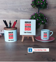 Babalar Günü Hediyesi Hediye Seti Dekoratif Taş, Kalemlik, Ahşap Altlıklı Türk Kahvesi Fincanı Hediye Babaya Hediye (Model 6)