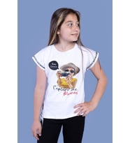 Toontoy Kız Çocuk Şerit Detaylı Baskılı Tişört (Beyaz)