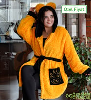 Kapşonlu Unisex Wellsoft Peluş Sabahlık (Sarı)
