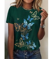 Kadın Kısa Kollu Mavi Sarı Kelebek Baskı Süprem T-shirt (Yeşil)