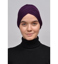 Üç Bantlı Çapraz Dış Tesettür Bonesi Hazır Türban (Koyu Mürdüm)
