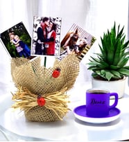 Kişiye Özel 3 Fotoğraflı Saksı & Kişiye Özel Renkli Kahve Fincanı HA3 (Mor)