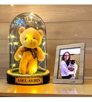 Kişiye Özel Fotoğraflı ve İsimli Hediye Seti, Renkli Peluş ve Led Işıklı Fanus HA3 (Krem)
