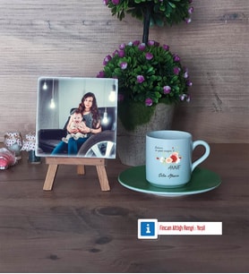 Anneye Hediye Fotoğraflı Dekoratif Taş, Ahşap Altlıklı Türk Kahvesi Fincanı Hediye (Model 9)