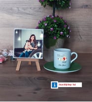 Anneye Hediye Fotoğraflı Dekoratif Taş, Ahşap Altlıklı Türk Kahvesi Fincanı Hediye (Model 9)