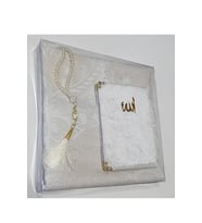 Kadife Kaplı Yasin Vavlı İnci Tesbih ve Seccade Set (Beyaz)