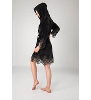 Siyah Dantelli Bambo Cotton  Kadife Bayan Sabahlık (Siyah)