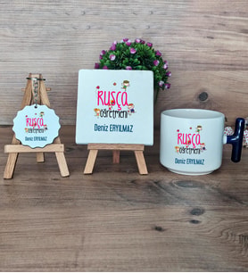 Rusça Öğretmeni Hediye Seti Kupa Bardak T Kulplu, Dekoratif Taş, Anahtarlık Öğretmenler Günü Hediyesi (Model 2)
