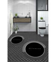 EVDEYA Dijital Baskılı Yıkanabilir Bathroom Yazılı Yuvarlak Banyo Paspası Klozet Takımı, YKLOZET-1-GRİ, (Siyah)