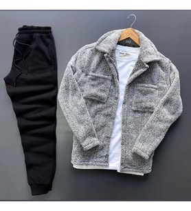 Peluş Polar Hırka Gömlek Gri Eşofman Altı Takım (Siyah-Gri)