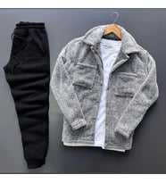 Peluş Polar Hırka Gömlek Gri Eşofman Altı Takım (Siyah-Gri)