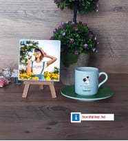 Geometri Öğretmeni Fotoğraflı Dekoratif Taş, Ahşap Altlıklı Türk Kahvesi Fincanı Hediye (Model 9)