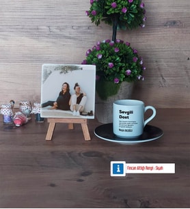 Arkadaşa Hediye Fotoğraflı Dekoratif Taş, Ahşap Altlıklı Türk Kahvesi Fincanı Hediye (Model 7)