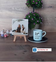 Arkadaşa Hediye Fotoğraflı Dekoratif Taş, Ahşap Altlıklı Türk Kahvesi Fincanı Hediye (Model 7)