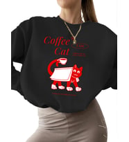 erkek Sweatshirt Kahve kedi tişörtü Baskılı unisex kadın Sweatshirt bisiklet yaka kalın 3 iplik (Siyah)