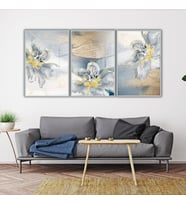 3'lü Metal Çerçeveli Cam Tablo Seti Modern Gri Sarı Çiçekler (Gümüş)