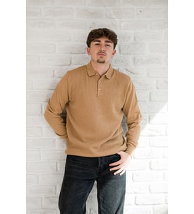 San&fa Örgü Desen Düğmeli Polo Yaka Regular Fit Erkek Triko Kazak   (Kahverengi)