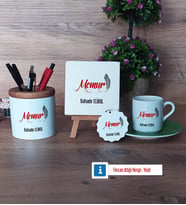 Memur Hediye Seti Dekoratif Taş, Kalemlik, Ahşap Altlıklı Türk Kahvesi Fincanı, Ahşap Anahtarlık Hediye (Model 9)