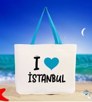 BK Gift I Love İstanbul Renkli Kulp Kanvas Plaj Çantası 48x40m, Baskılı Omuz Çantası, Alışveriş Çantası (Turkuaz)