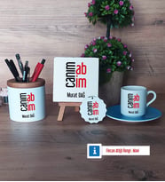 Abiye Hediye Hediye Seti Dekoratif Taş, Kalemlik, Ahşap Altlıklı Türk Kahvesi Fincanı, Ahşap Anahtarlık Hediye (Model 5)