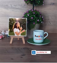 Psikolog Fotoğraflı Dekoratif Taş, Ahşap Altlıklı Türk Kahvesi Fincanı Hediye (Model 9)