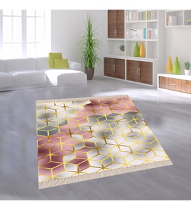 Renk Geçişli Geometrik Desenli Dijital Baskı Yıkanabilir Modern Salon Halı ve Yolluk (Beyaz)