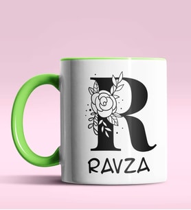 Kişiye Özel R Harfi Romantik Tasarım Siyah Renk Kupa (Yeşil)