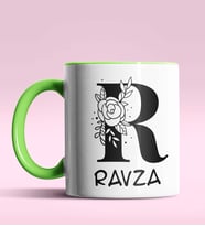 Kişiye Özel R Harfi Romantik Tasarım Siyah Renk Kupa (Yeşil)