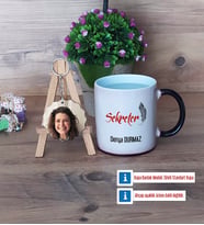 Sekretere Hediye Kupa Bardak Beyaz ve Fotoğraflı Ahşap Anahtarlık Hediye (Model 9)