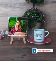 Teyzeye Doğum Günü Hediyesi Fotoğraflı Dekoratif Taş, Ahşap Altlıklı Türk Kahvesi Fincanı Hediye (Model 6)