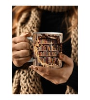 Kitaplık Kütüphane Baskılı 3D Tasarım Seramik Kupa Mug - Hediyelik Kupa Bardak (Siyah)